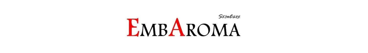Skincare product logo reading Embaroma, with black and red lettering and a small script brand mark above