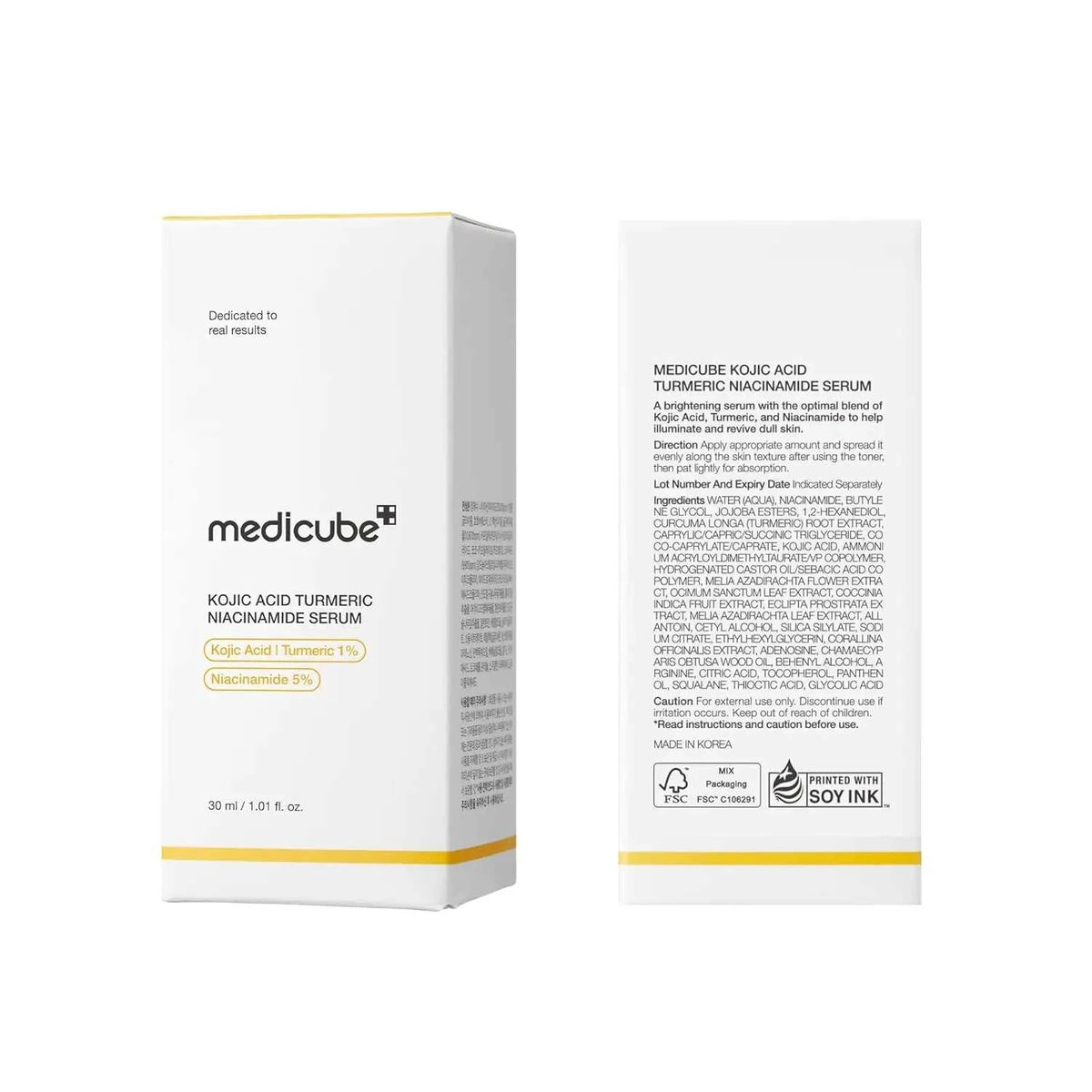 Facial Capsule Serum in white Medicube packaging with yellow accents, featuring Kojic Acid Turmeric formula.