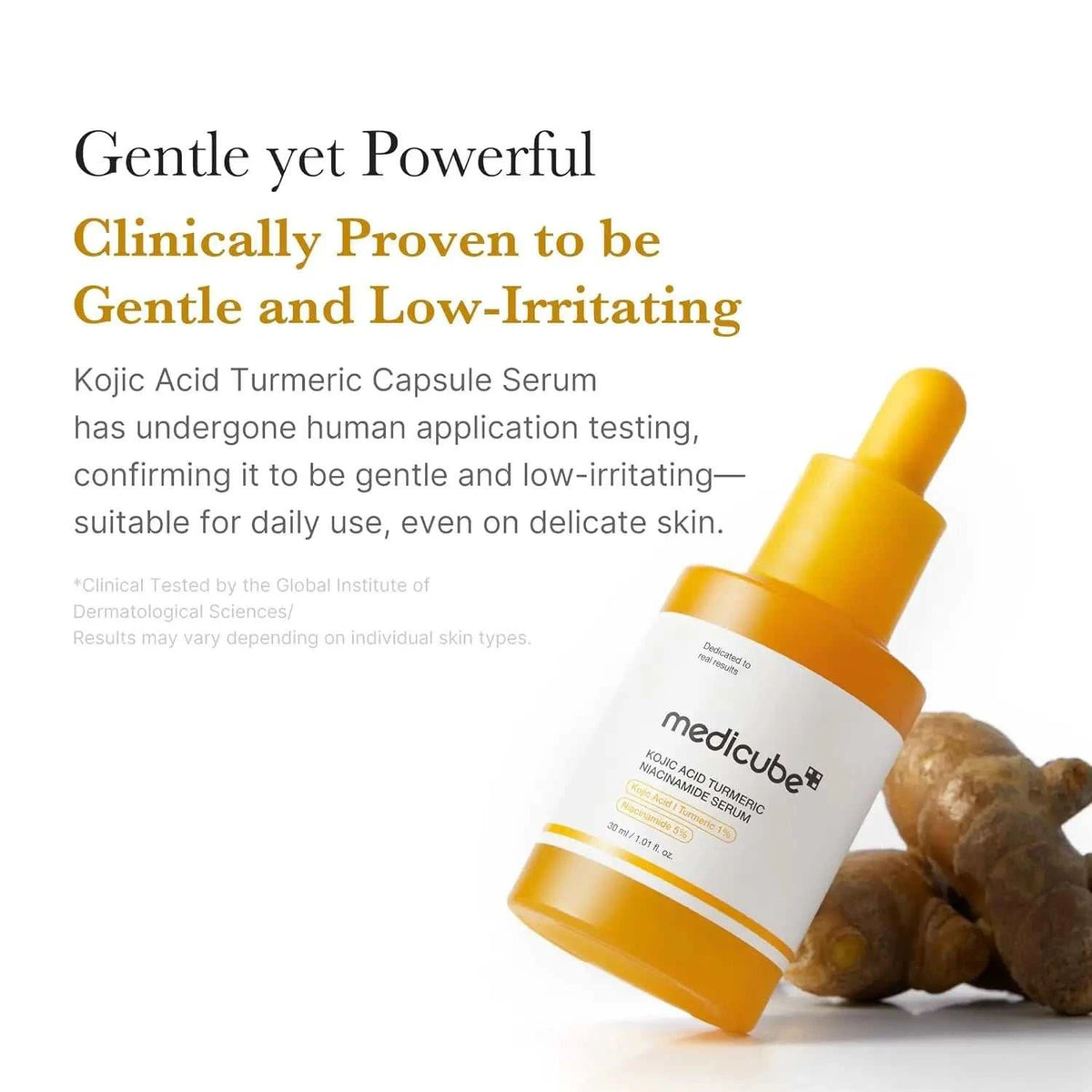 Facial Capsule Serum in an amber bottle with dropper, white label, and turmeric root accents for brightening care