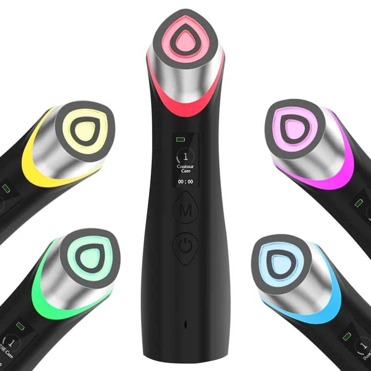 Glass Glow Booster facial beauty device in black plastic with metallic head and colorful LED accents for firming care