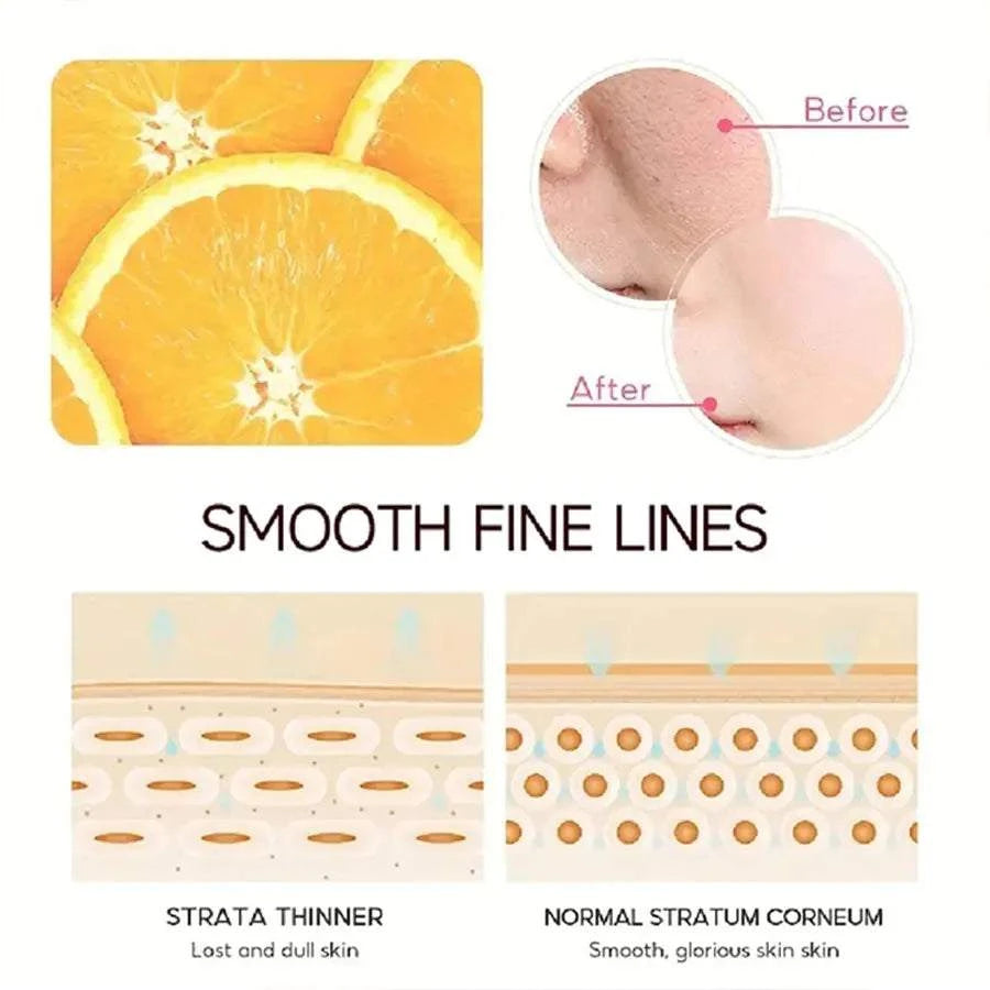 Vitamin C Face Cream with bright orange citrus imagery and skin diagrams showing smoother, radiant-looking skin