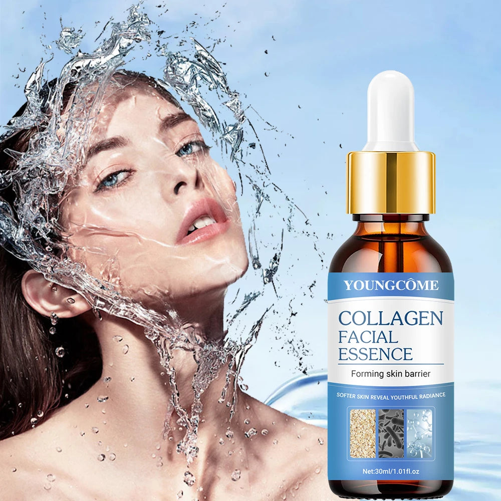 Collagen Face Serum in an amber glass dropper bottle with gold collar, blue label, and white pipette cap