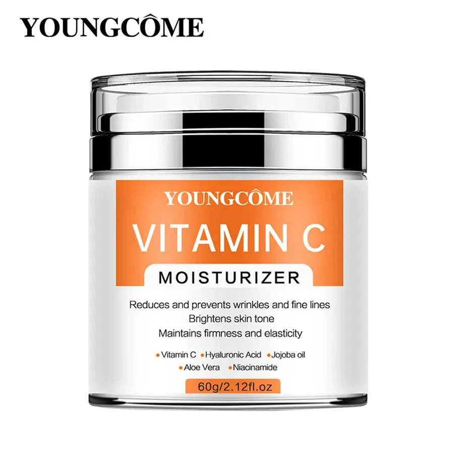 Vitamin C Face Cream in a clear jar with orange label, silver lid, and creamy moisturizer formula for skincare