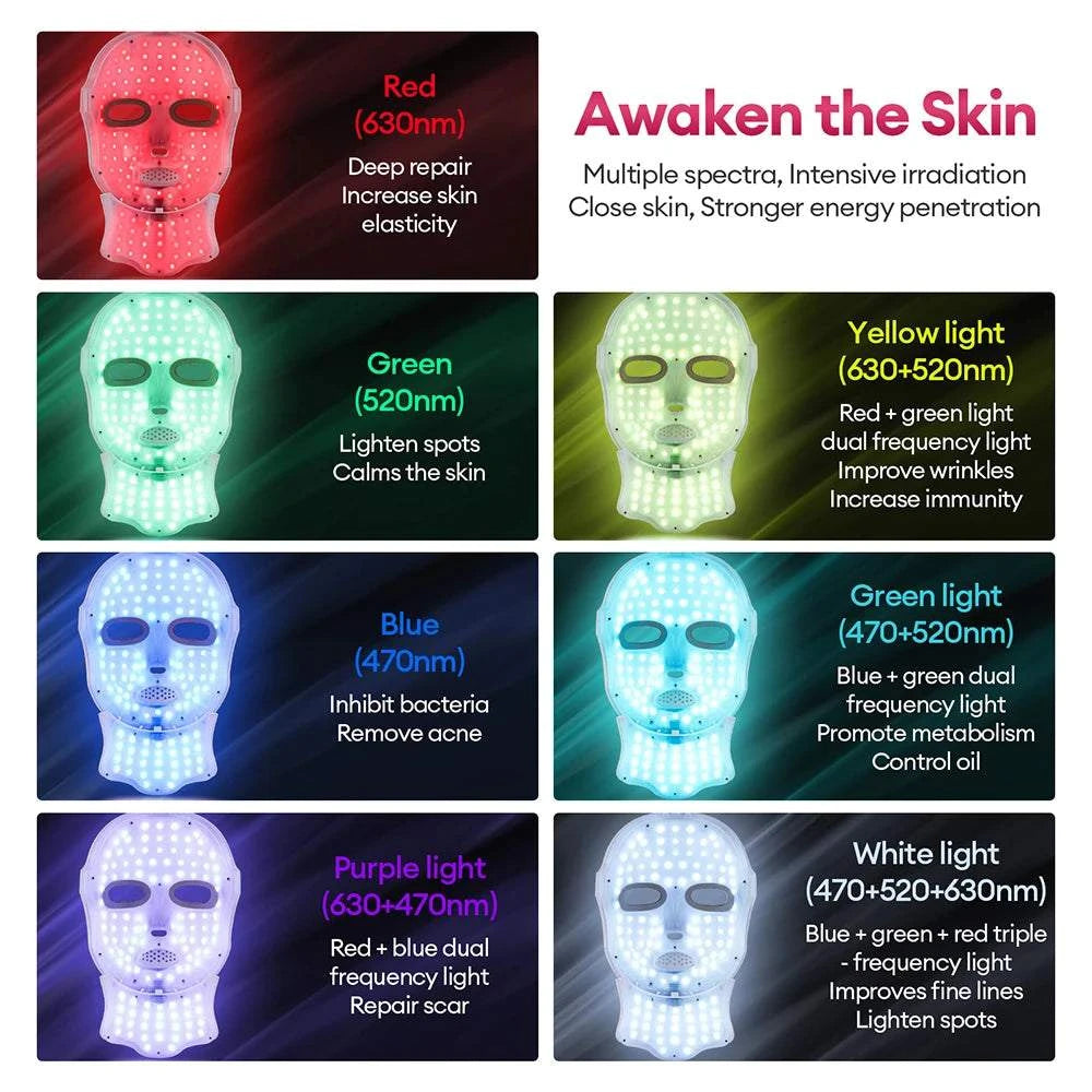 LED Face Neck Mask with translucent white silicone design and multicolour LED light settings for skincare routines