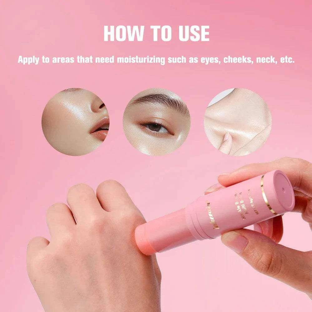 Wrinkle Bounce Multi Balm Stick, pink portable balm applied to the back of a hand for moisturizing care
