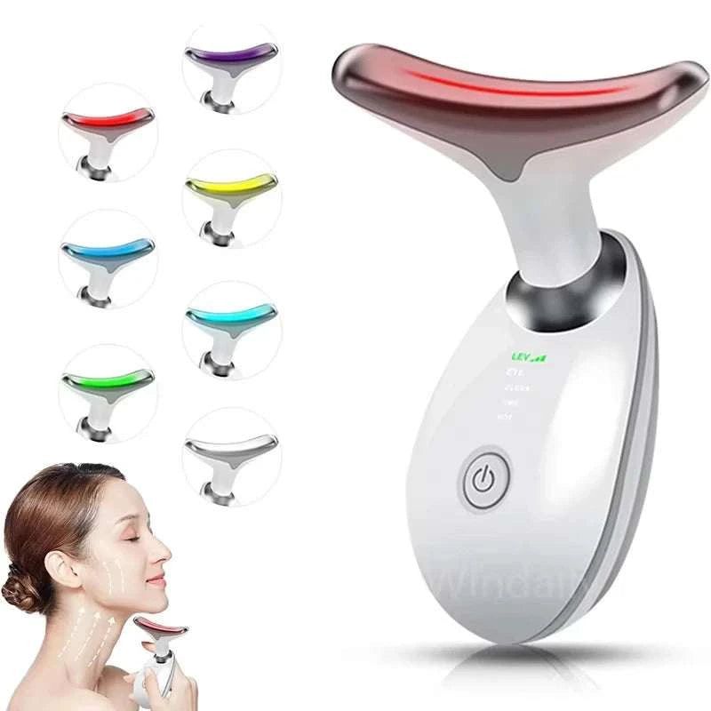 Face and neck massager with white plastic body, red LED head, vibration control, and seven color options, LED Lights Face Neck