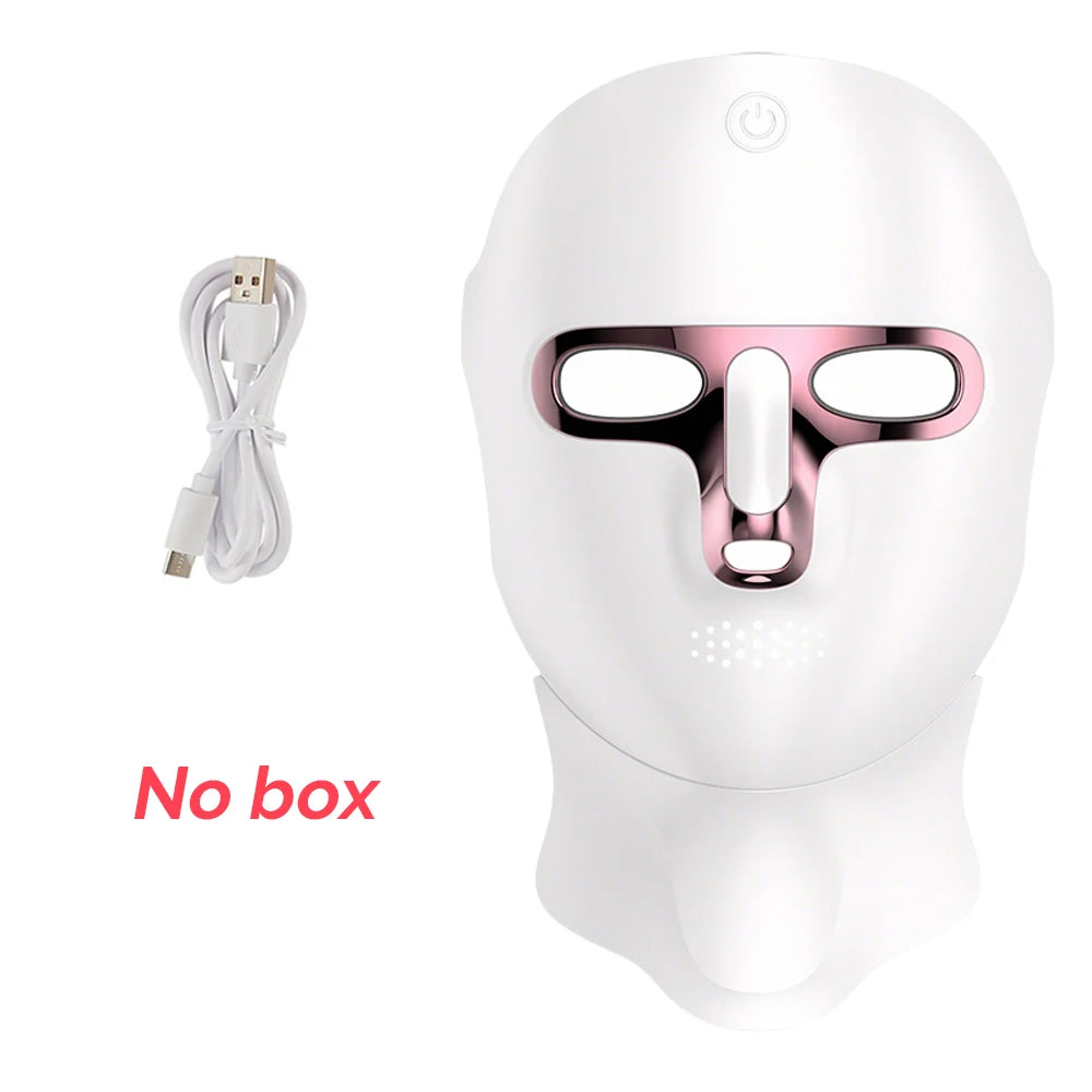 Rechargeable 7-Color LED Face mask in white plastic with pink accents, eye and nose openings, and USB cable