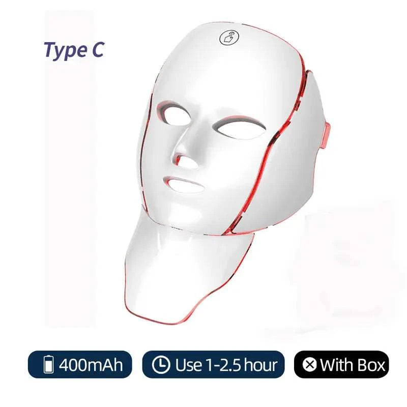 LED Face Neck Mask in white plastic with red trim, covering the face and neck with eye and mouth cutouts