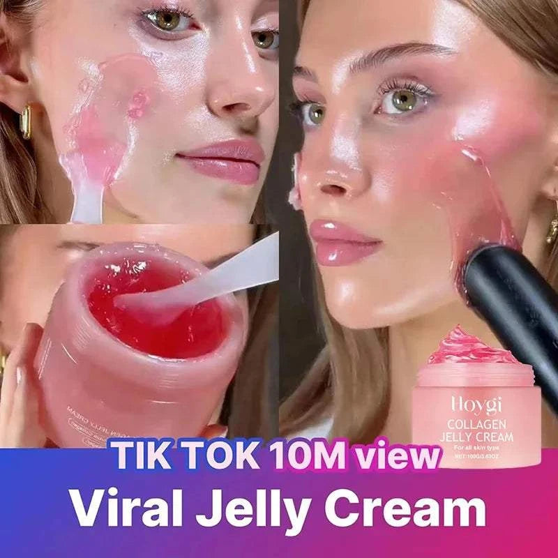 Collagen jelly cream with glossy pink gel texture, shown applied to skin and inside a pink jar; Glow & Lifted Collagen Jelly Cream