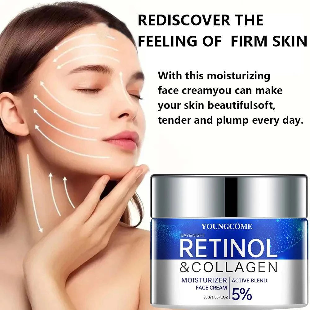 Retinol Cream Serum face moisturizer in a silver jar with blue label, retinol and collagen formula, 5% active blend