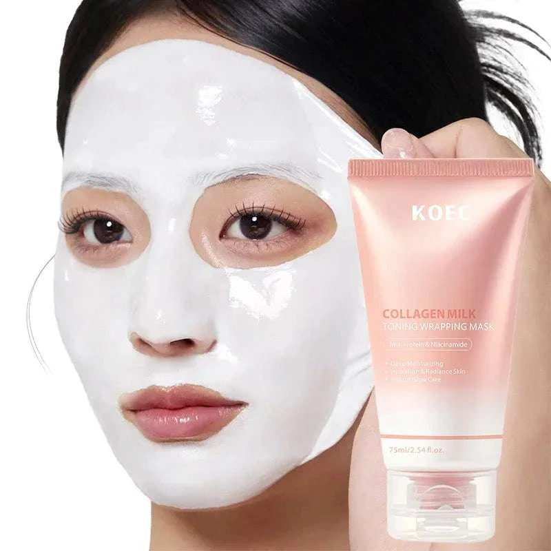 Wrapping Peel-Off Mask in a pink tube, shown with a glossy white peel-off facial mask applied