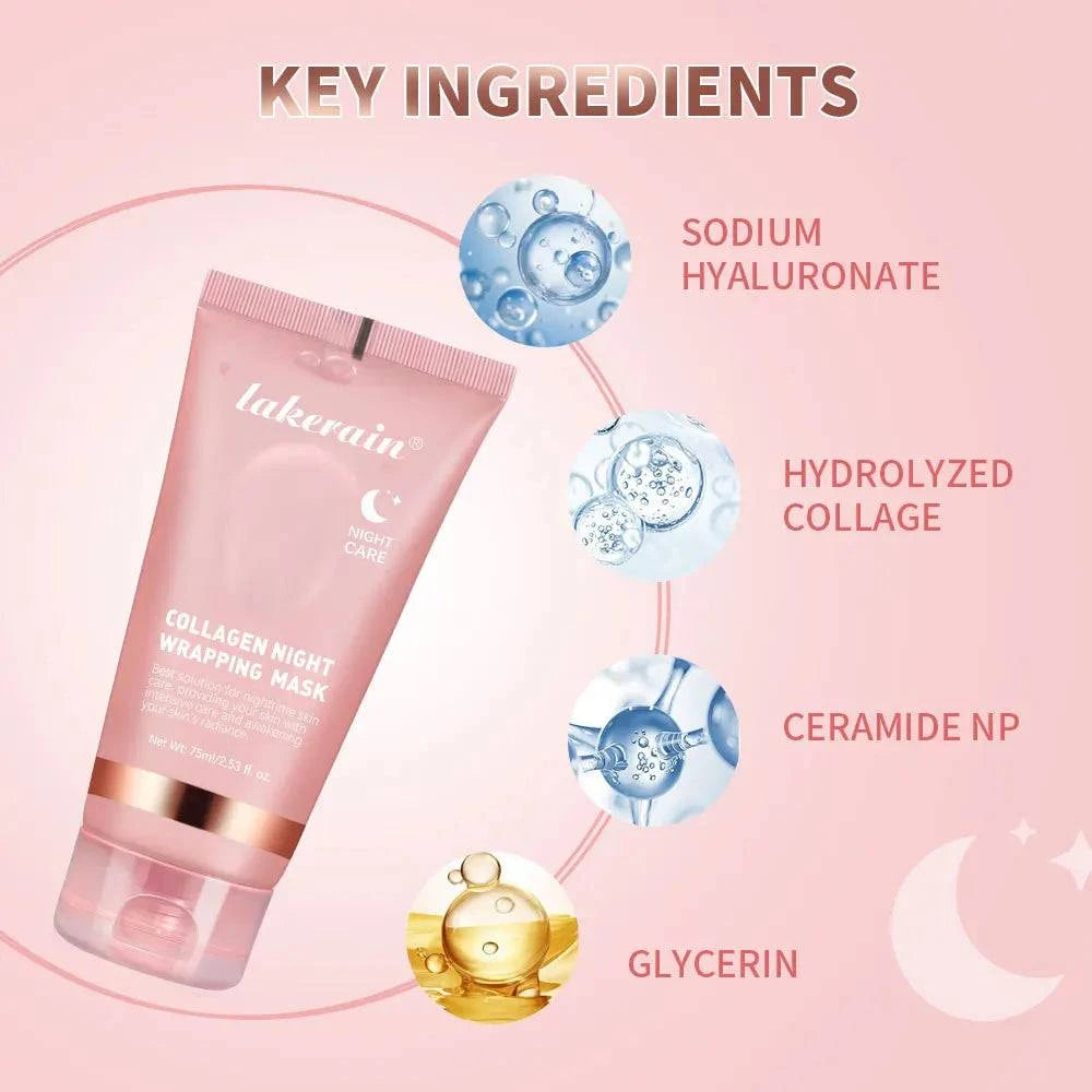 Overnight Wrapping Peel-Off Mask in a pink tube with collagen night mask packaging and ingredient graphics