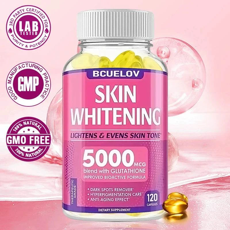 Skin Whitening with L-Glutathione capsules in a clear bottle, pink label, 5000mcg strength and 120 capsules