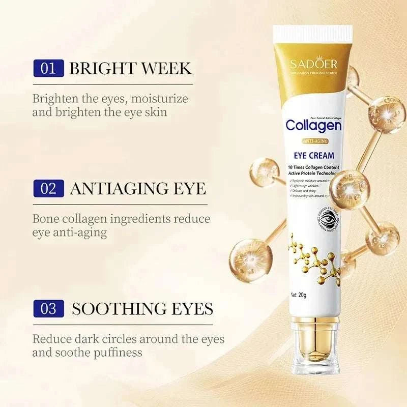 Collagen eye cream in a white and gold tube, featuring collagen branding and a precision applicator tip