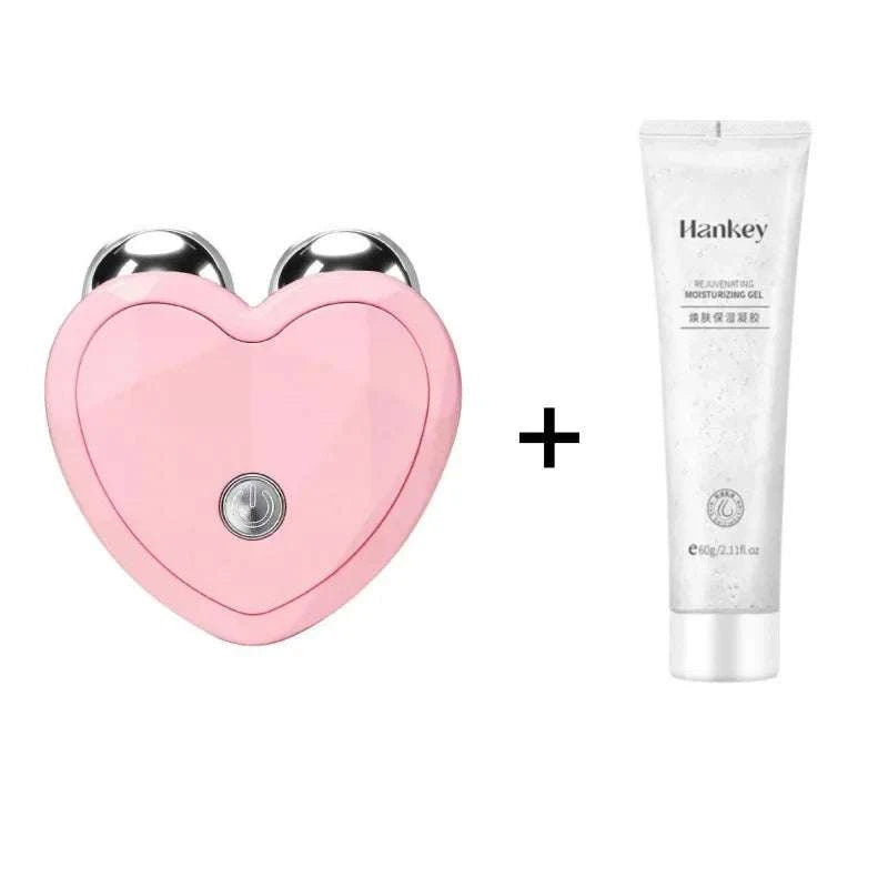 Microcurrent Face Beauty Instrument, pink heart-shaped metal roller with silver spheres and moisturising gel
