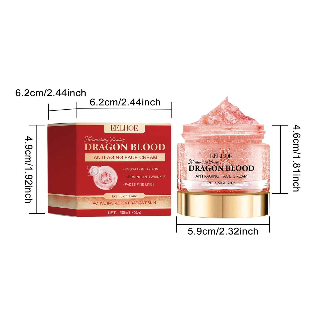 Dragon Blood Skincare Set with red anti-aging face cream jar and matching box, featuring gold accents and pink cream