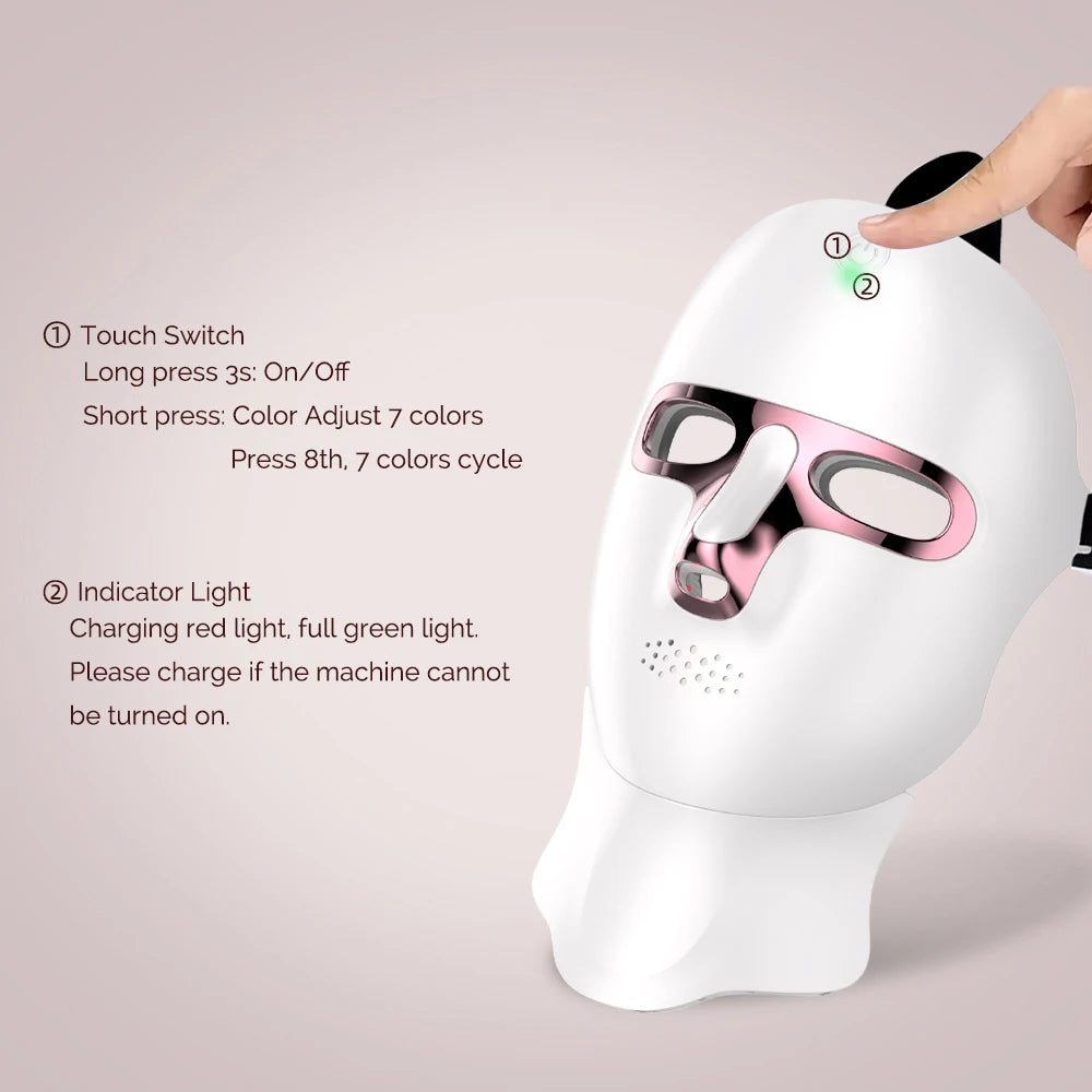 Rechargeable 7-Color LED Face mask in white plastic with pink eye accents, touch switch and indicator light