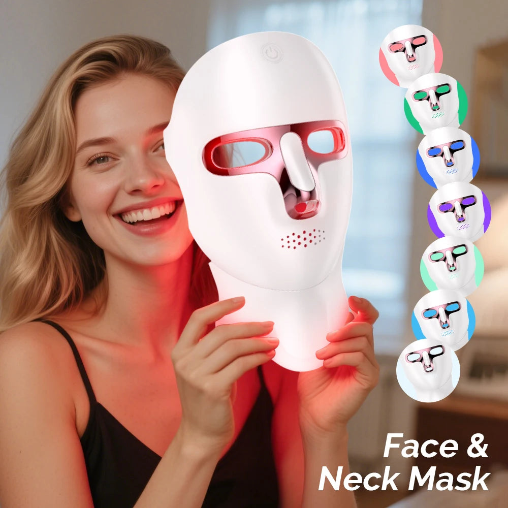 Rechargeable 7-Color LED Face and neck mask, white plastic with red eye accents and seven light colours