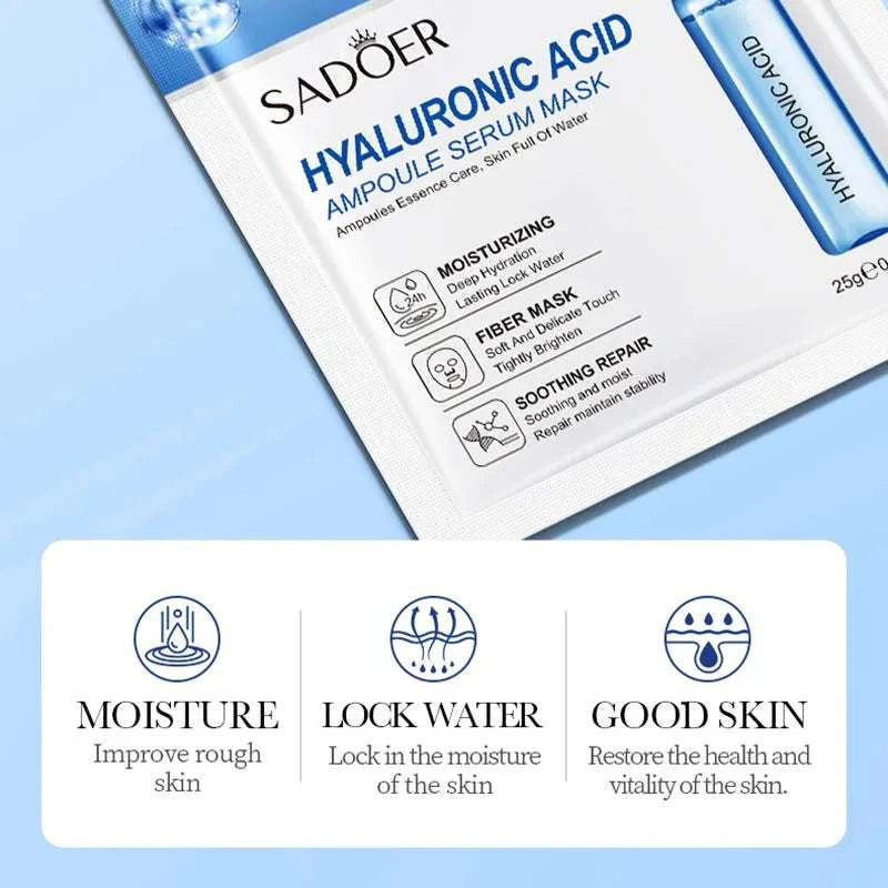Facial serum mask sachet with blue-and-white packaging, featuring hyaluronic acid and moisturizing skin benefits