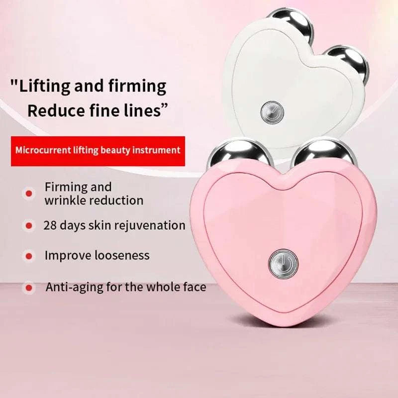 Microcurrent Face Beauty Instrument, heart-shaped pink and white handheld device with metallic massage spheres
