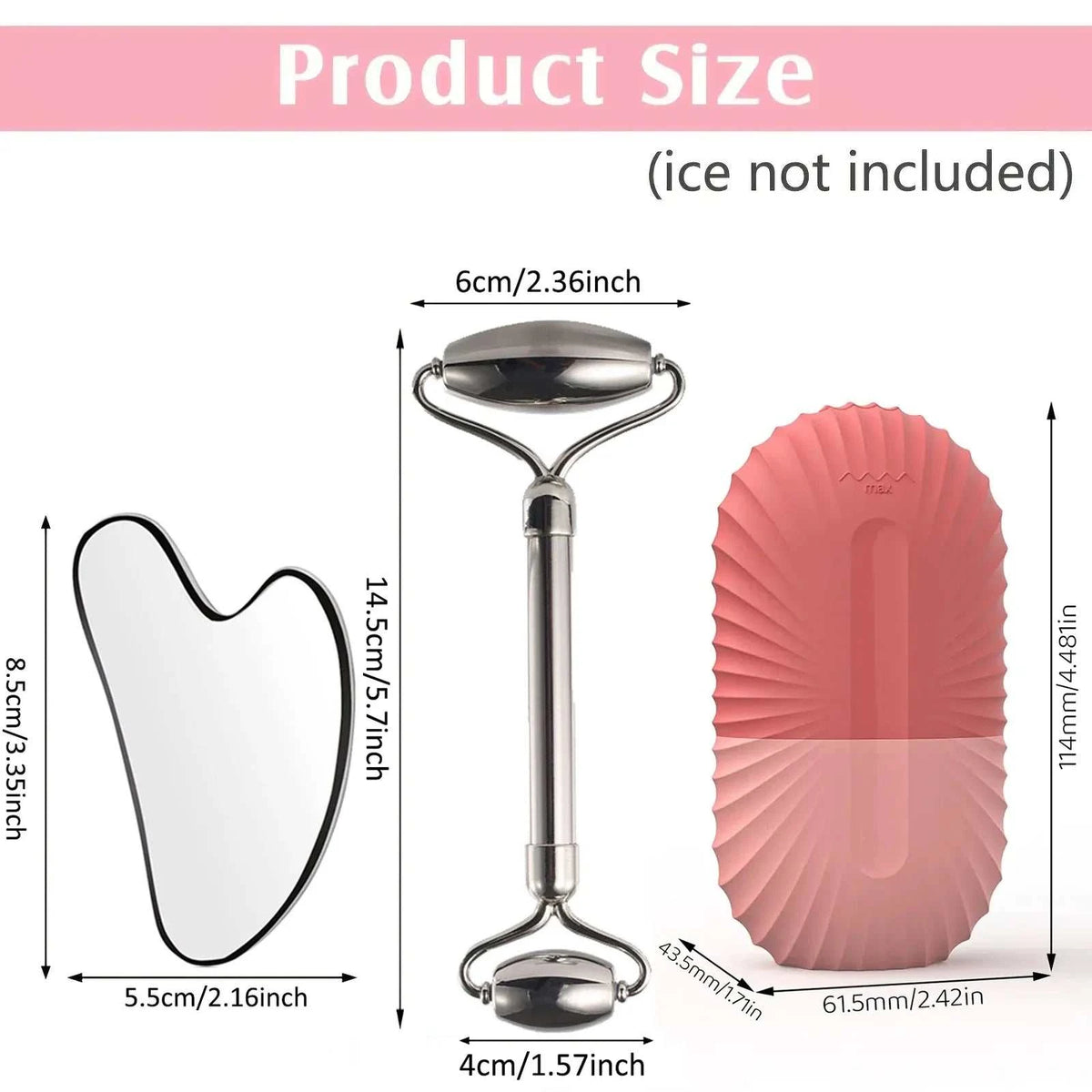 ice facial roller set with stainless steel roller and white gua sha tool, plus pink silicone cooling case