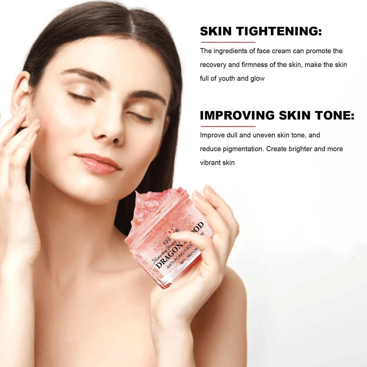 Dragon Blood Skincare Set featuring a pink jar with anti-aging cream and skin-brightening claims, held by a woman