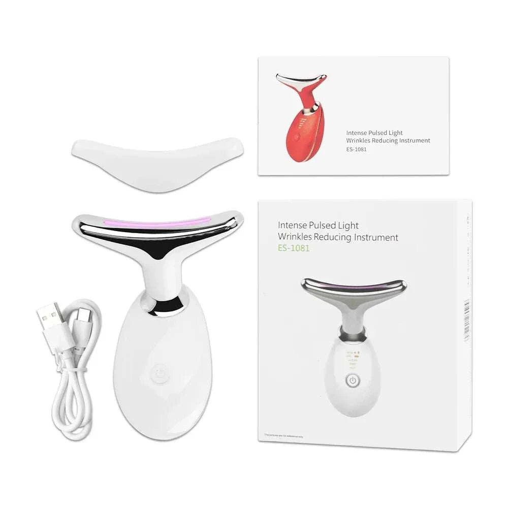 Face Neck Lift beauty device in white acrylic with curved metal EMS head, USB cable, and protective silicone cover