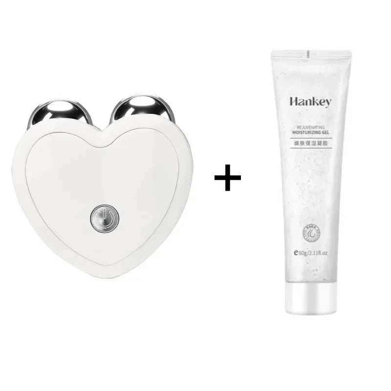 Micro Current Facial Device in white ABS with heart-shaped roller and moisturizing gel tube included
