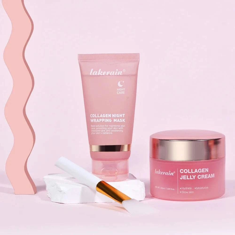Overnight Wrapping Peel-Off Mask in a pink collagen night-wrapping mask tube with matching jelly cream jar and applicator brush