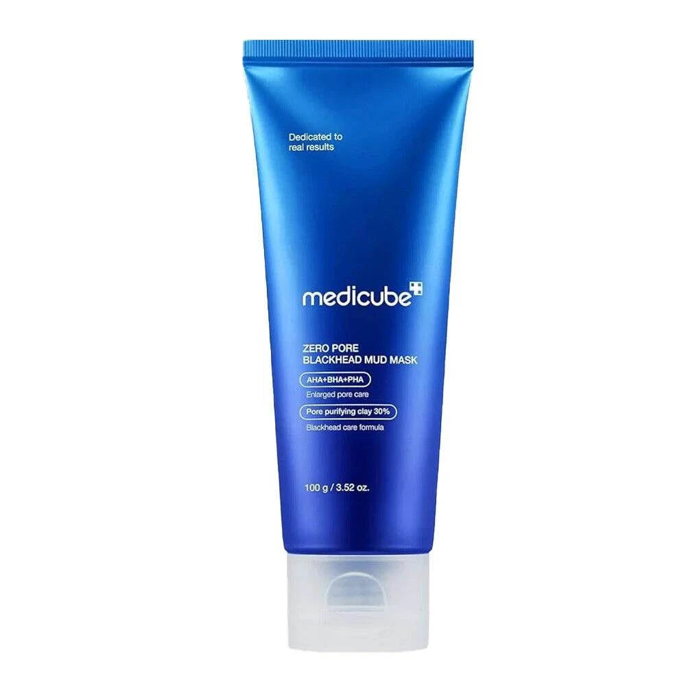 Mud mask tube, metallic blue plastic packaging with flip cap, Medicube - Zero Pore Blackhead Mud Mask label