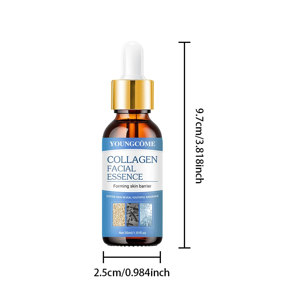 Collagen Face Serum in a brown glass dropper bottle with blue label and gold cap, 30ml size
