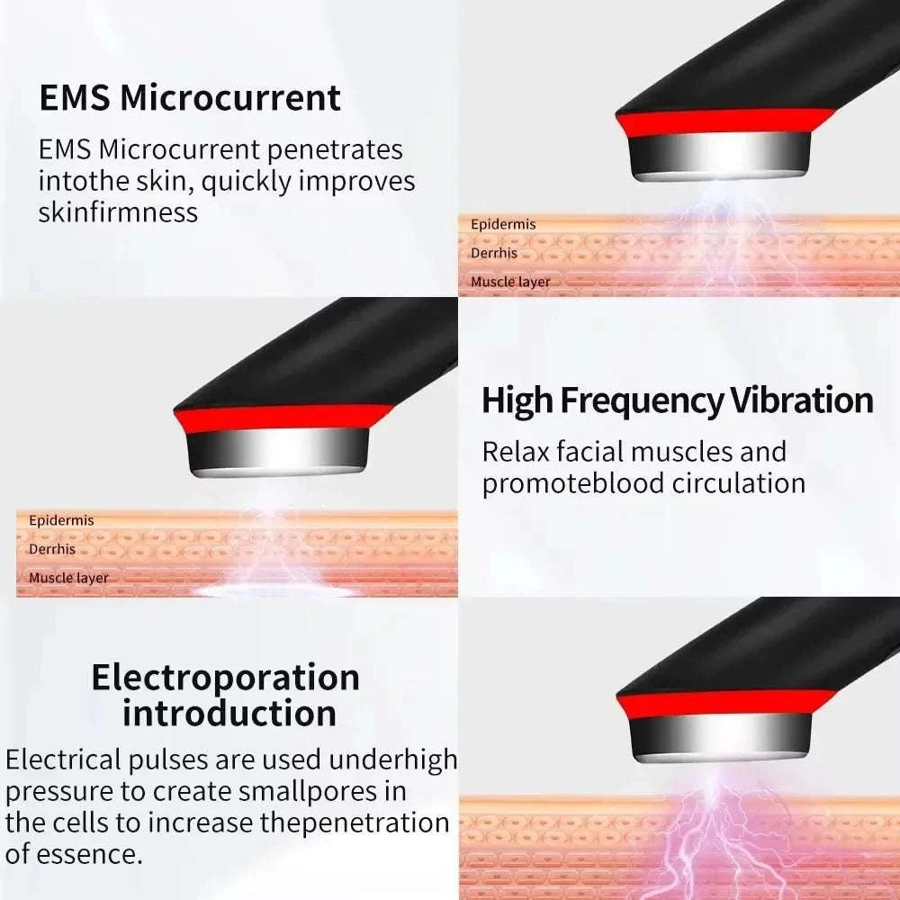 7-Color LED Facial Lifting Wand with black plastic handle, red trim, silver treatment head, and EMS pulses