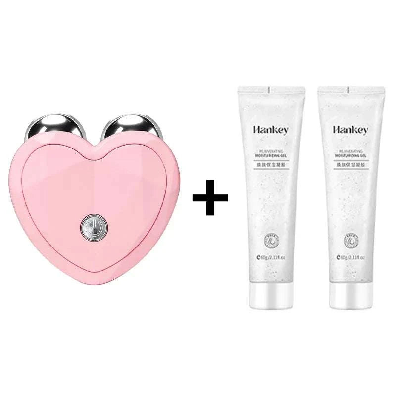 Microcurrent Face Beauty Instrument, pink heart-shaped device with twin rollers, bundled with two white Hanakey cream tubes