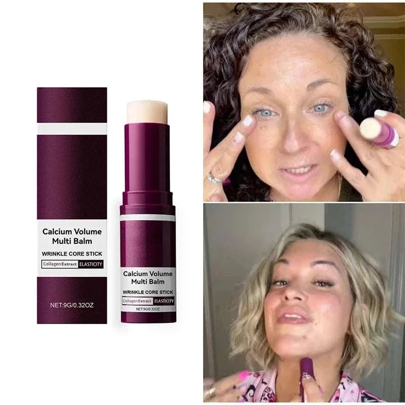 Wrinkle Bounce Moisturizing balm stick in a deep plum tube, with creamy beige balm for face and neck care