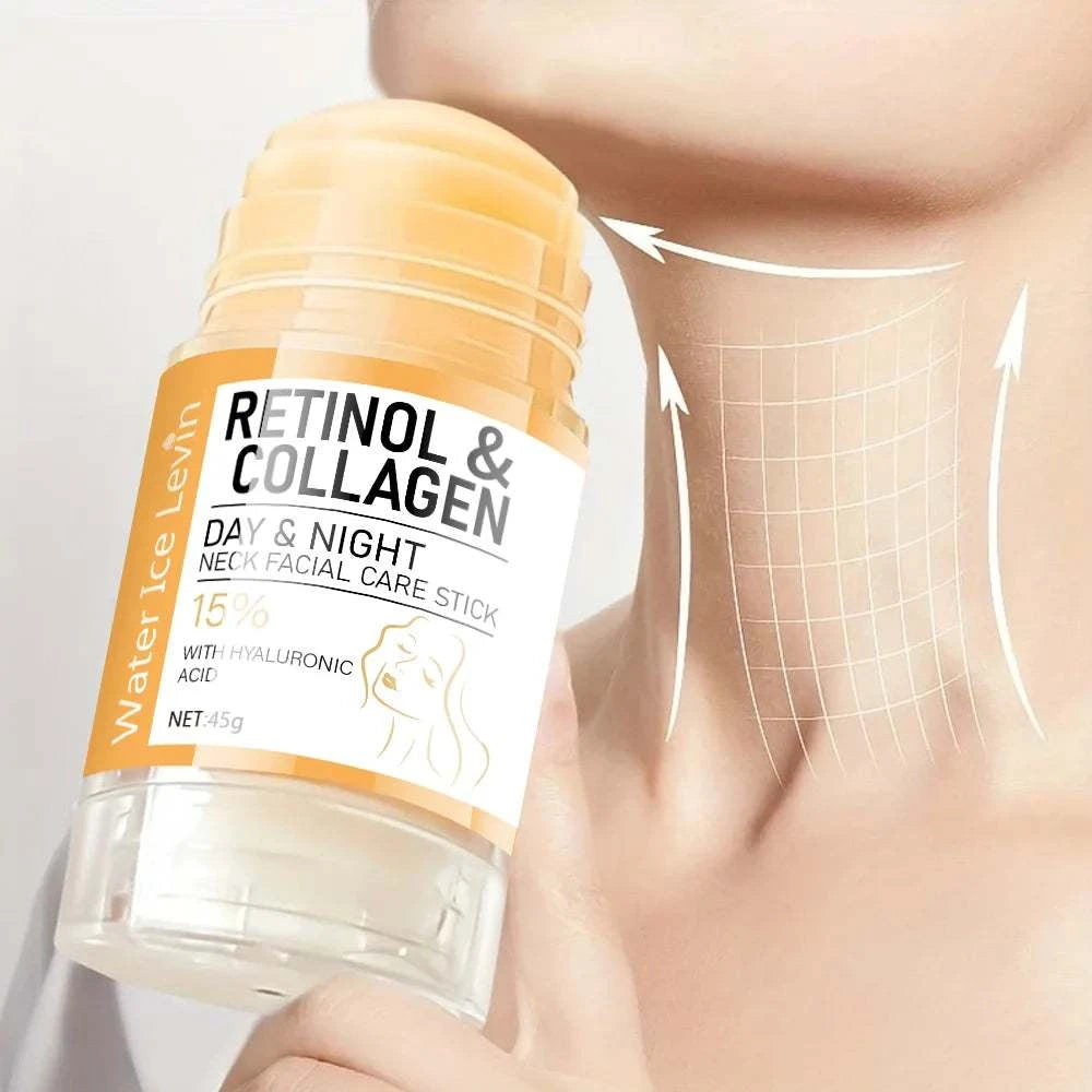 Face and neck cream stick in an orange-and-white package, labeled Retinol and Collagen with moisturizing formula.