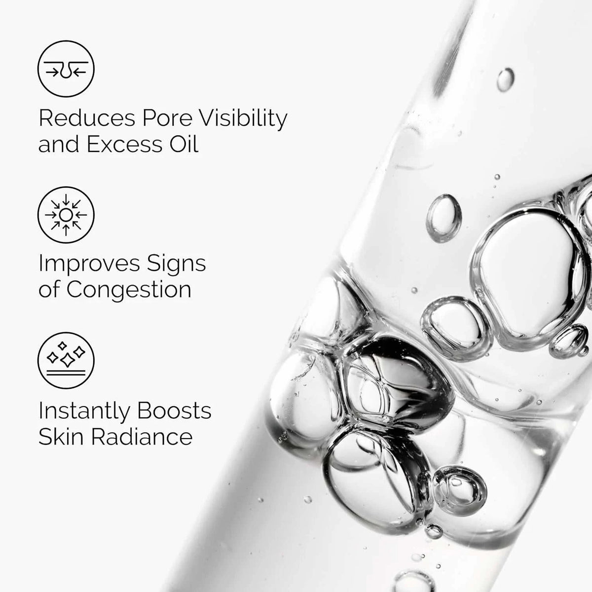 Niacinamide serum with clear gel texture and bubbles, featuring 10% Niacinamide for pore and oil care