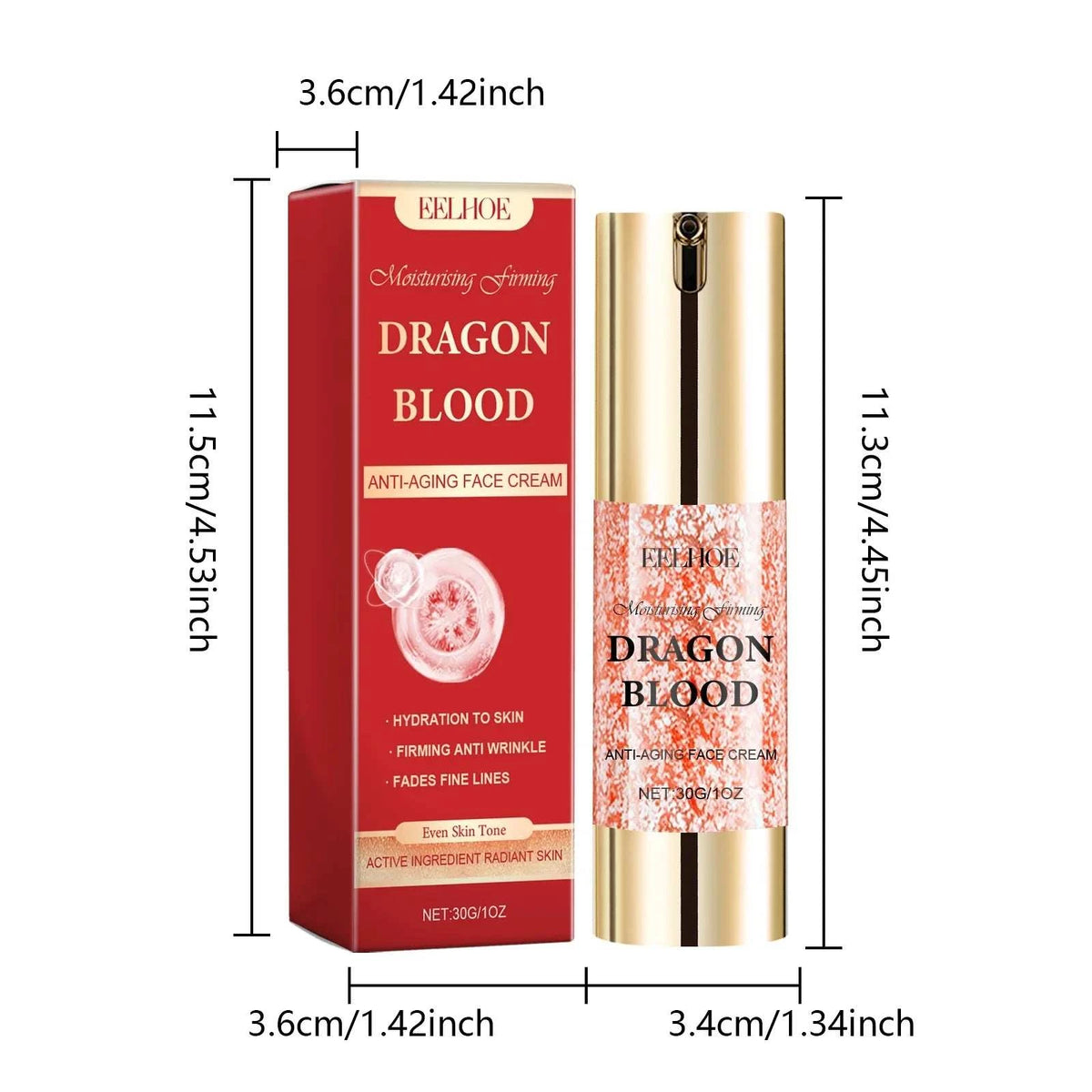Dragon Blood Skincare Set with red anti-aging face cream box and gold pump bottle, featuring Dragon Blood labels