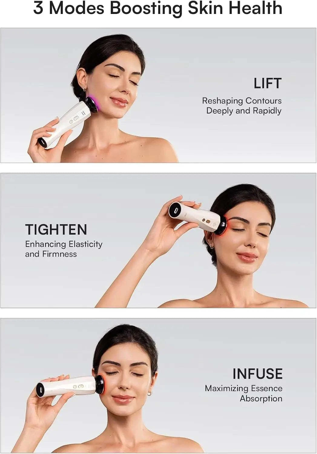Three-In-One Red Light white plastic facial and neck beauty device with rounded massage head and three modes