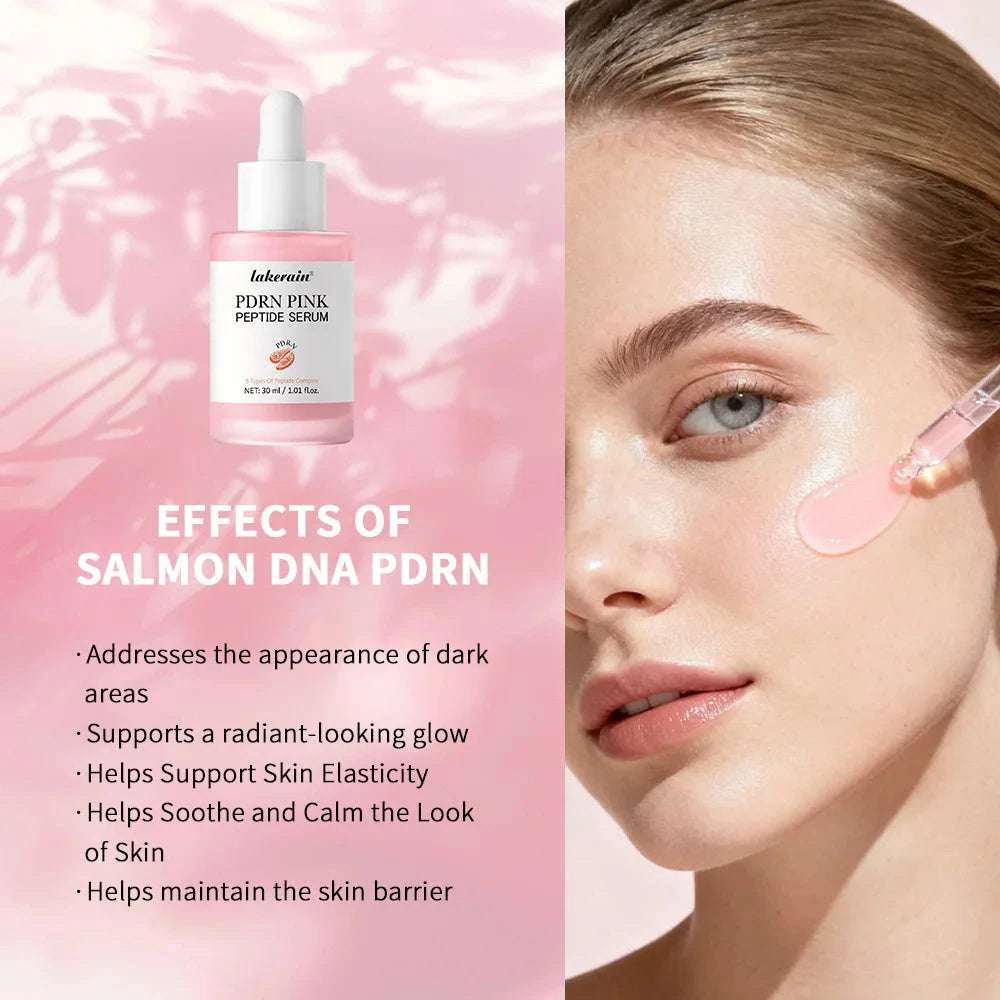 Facial serum bottle with pink label and white dropper, Salmon DNA PDRN Pink Peptide Serum for glowing skin