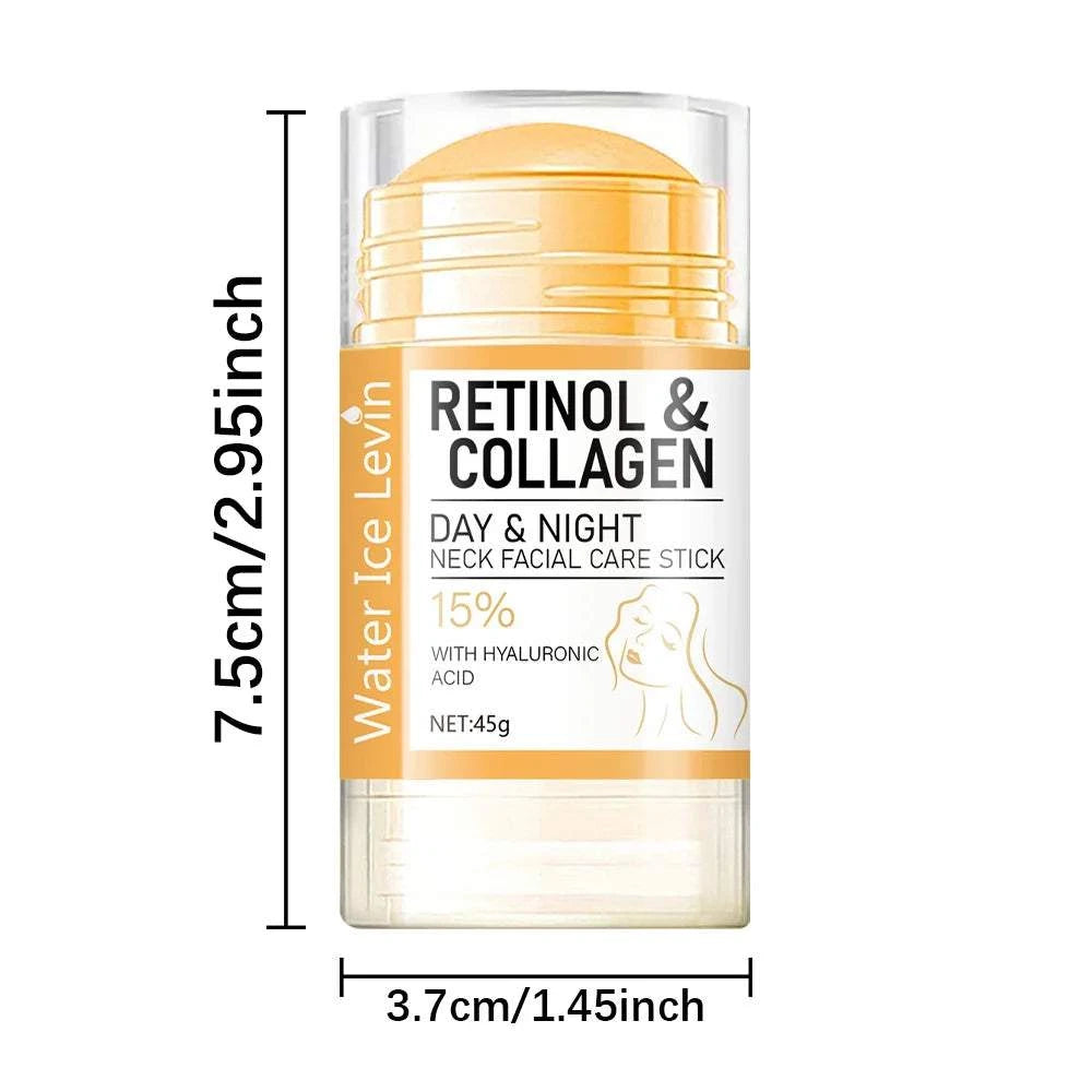 Retinol and Collagen face and neck care stick in a clear tube with gold cream and printed label, 45g