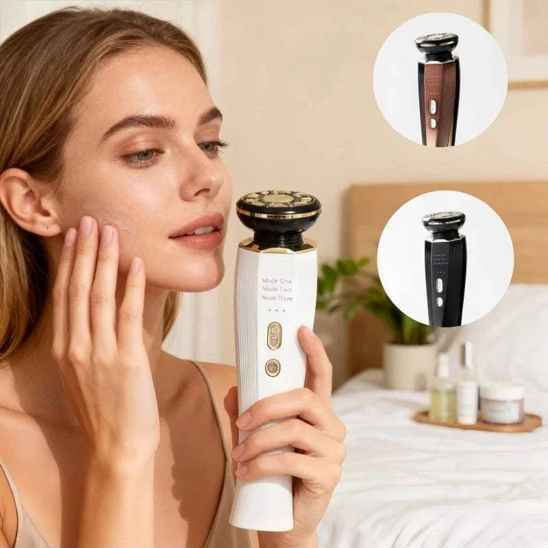 Beauty Massage Device with white plastic body, gold detailing, and a round facial massage head; brown and black variants shown