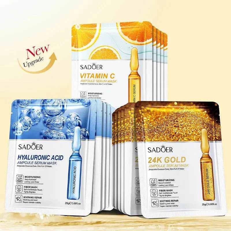 24K Gold Face Mask sachets with gold serum ampoules, plus vitamin C and hyaluronic acid variants for skincare use