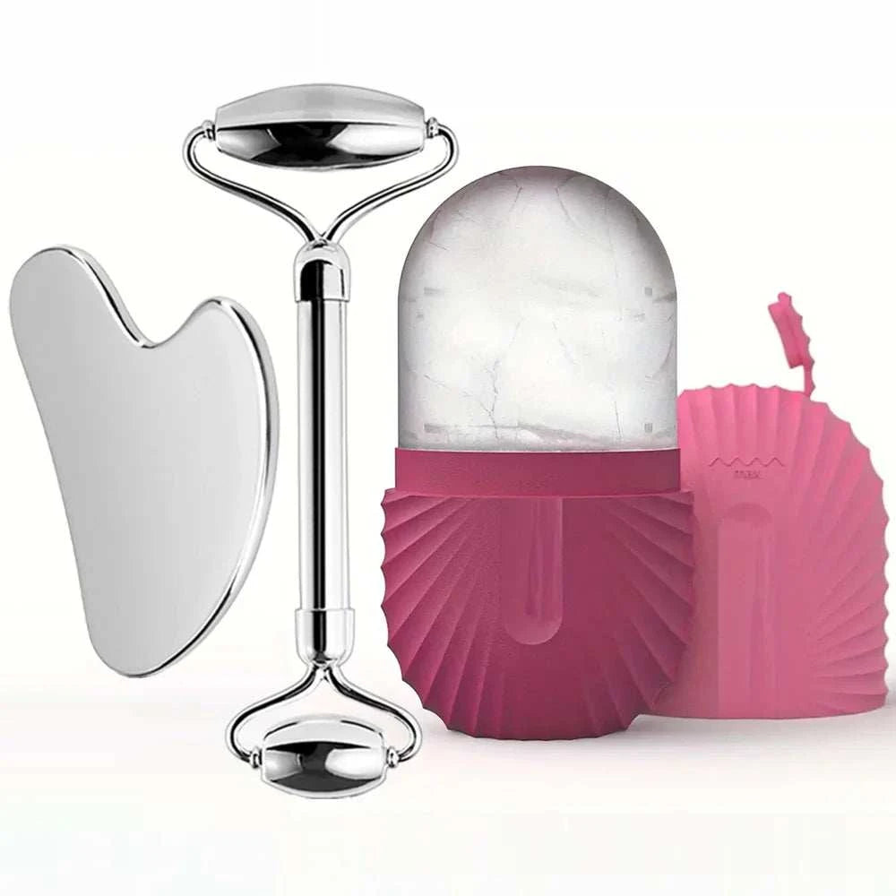 Ice facial roller set with stainless steel roller, gua sha tool, and pink reusable silicone ice mold container