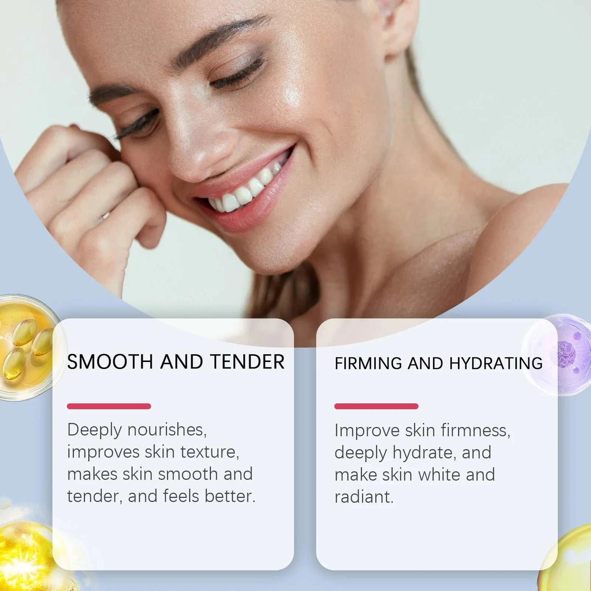 bio collagen face mask skincare graphic with smiling woman and benefits for smooth, tender, firm, hydrated skin