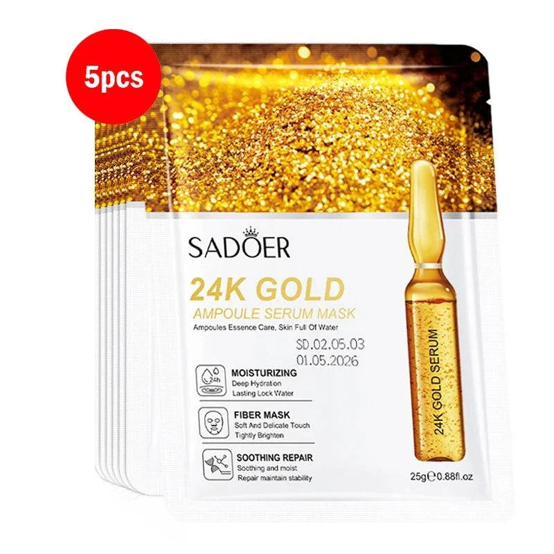 24K Gold Face Mask sheet with golden glitter packaging and ampoule serum, shown as a five-piece set