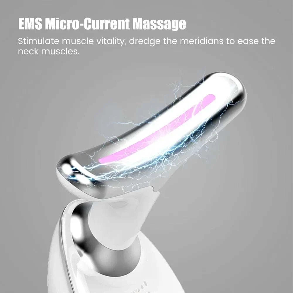 Face Neck Lift handheld beauty device in white acrylic with a pink light strip and curved EMS massage head