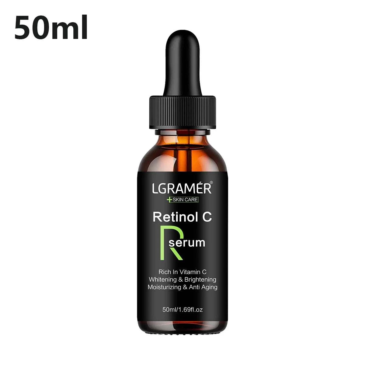 Retinol Aging serum in a 50ml amber glass dropper bottle, featuring a black cap and bold label text