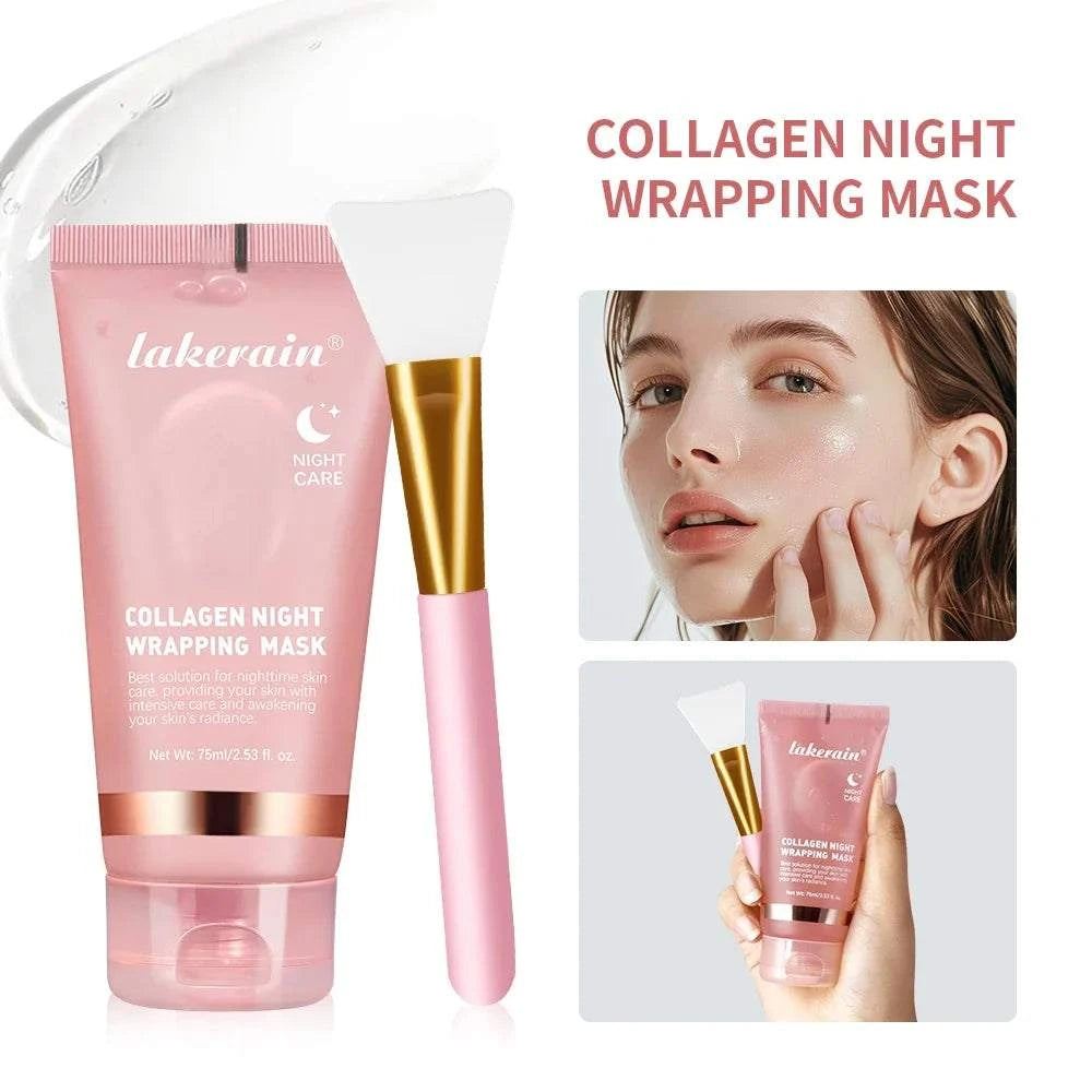 Overnight Wrapping Peel-Off Mask in a pink tube with gold accents, shown with a matching flat makeup brush