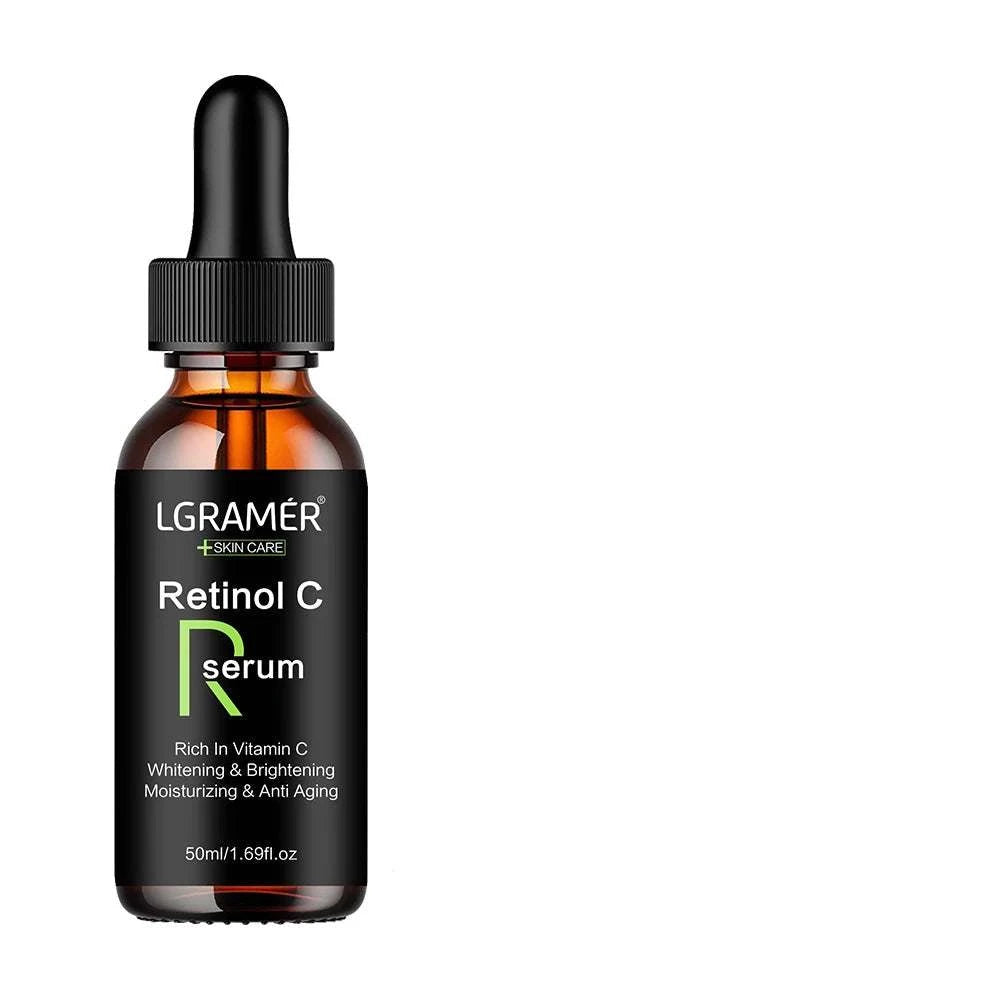 Retinol Aging serum in a dark amber glass dropper bottle with black cap and minimalist label, 50ml