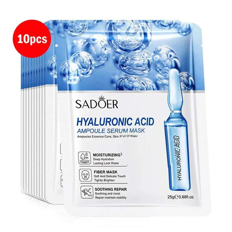 24K Gold Face Mask sachets with blue hyaluronic acid serum design and ampoule illustration, 10-piece pack